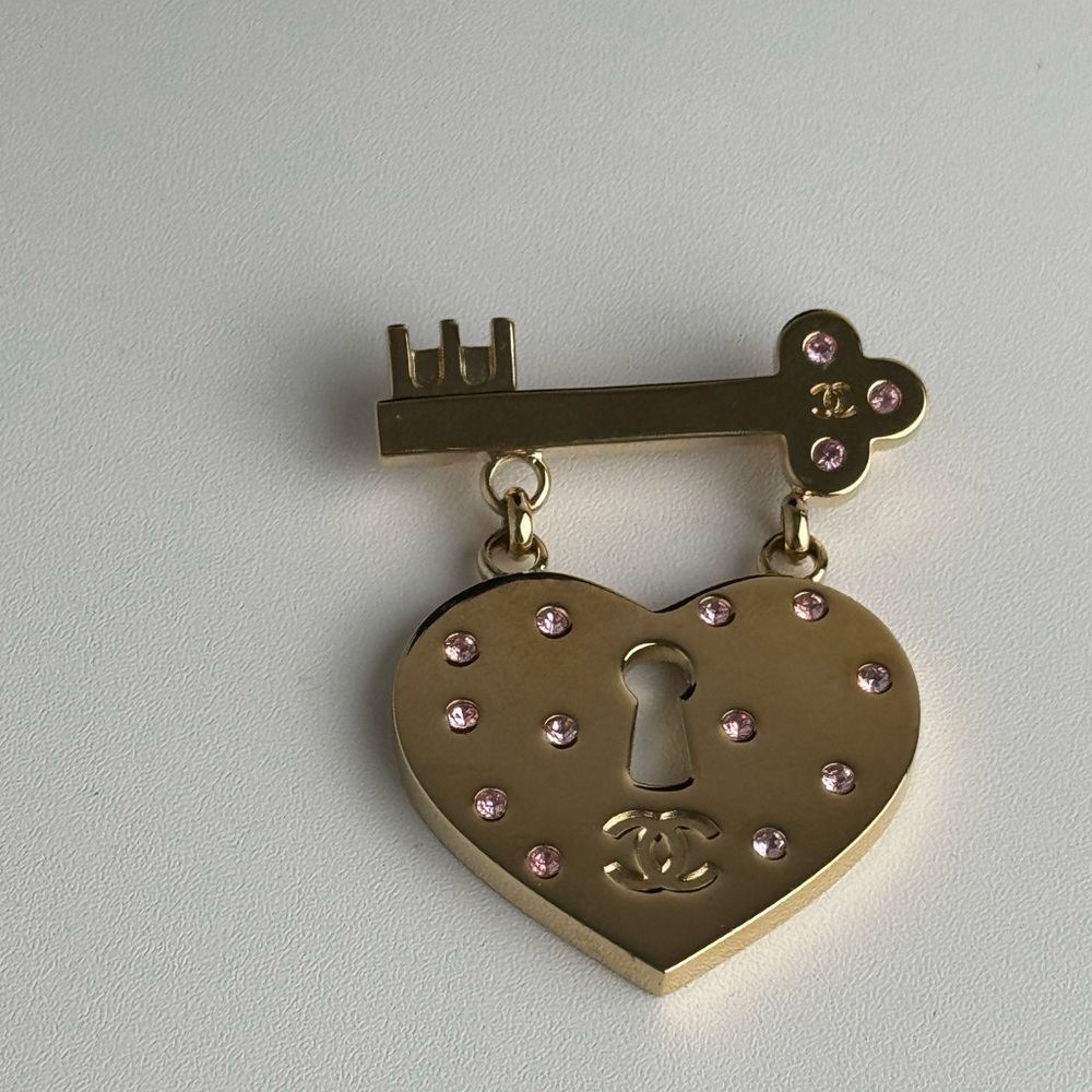 SOLD Chanel Gold Heart Key Brooch with Pink Accents